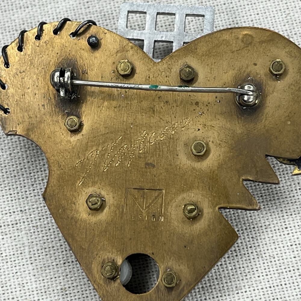 Vintage Signed Thomas Mann Techno Romantic Bronze Mixed Metal Heart Pin Brooch - Picture 7 of 10